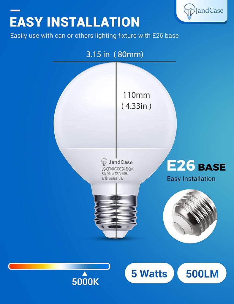 G25 LED Vanity Light Bulbs, Dimmable Globe, 5W(60W Equivalent), E26 Base, CRI 80, Daylight White 5000K, 500LM, UL - Set of 12