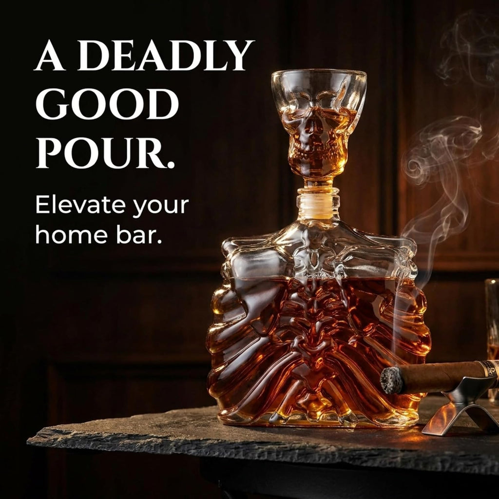 Whiskey Decanter and Shot Glass, Skull Skeleton Decanter, Halloween Decor, Skeleton Decorations, Liquor Decanter and