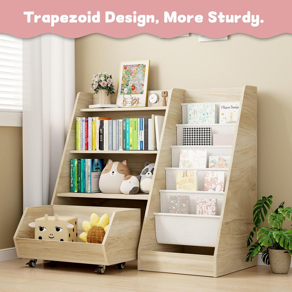 Kids Bookshelf and Toy Storage, 4 Tier Toddler Bookshelf with Movable Drawer (Oak)