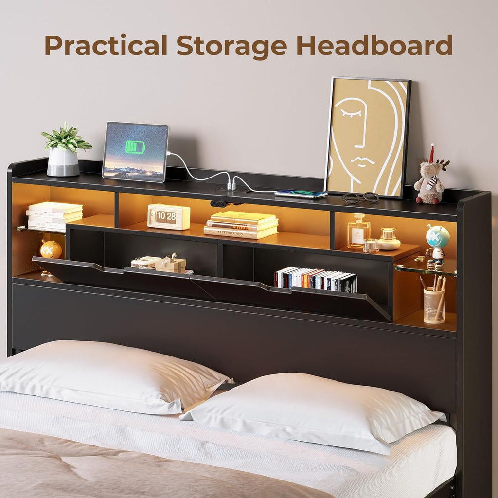 Full Bed Frame with Headboard, LED Bed with Bookcase Storage and Charging Station