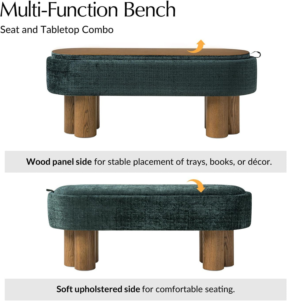 Storage Bench with Upholstered Seat and Wood Tabletop, Forest | Entryway Bench with Reversible Lid and Hidden