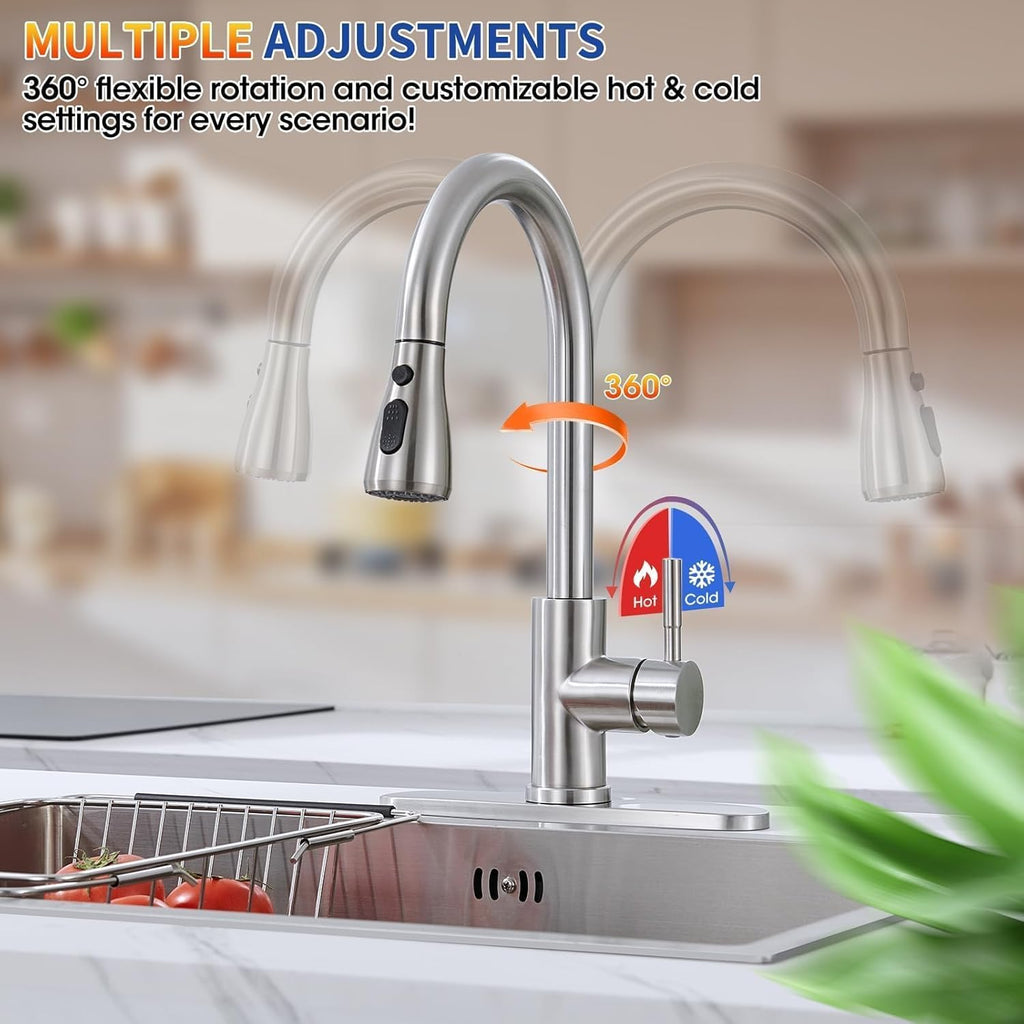 Kitchen Faucets with Pull Down Sprayer, Brushed Nickel High Arc Single Handle Stainless Steel Sink Faucet for 1 or 3