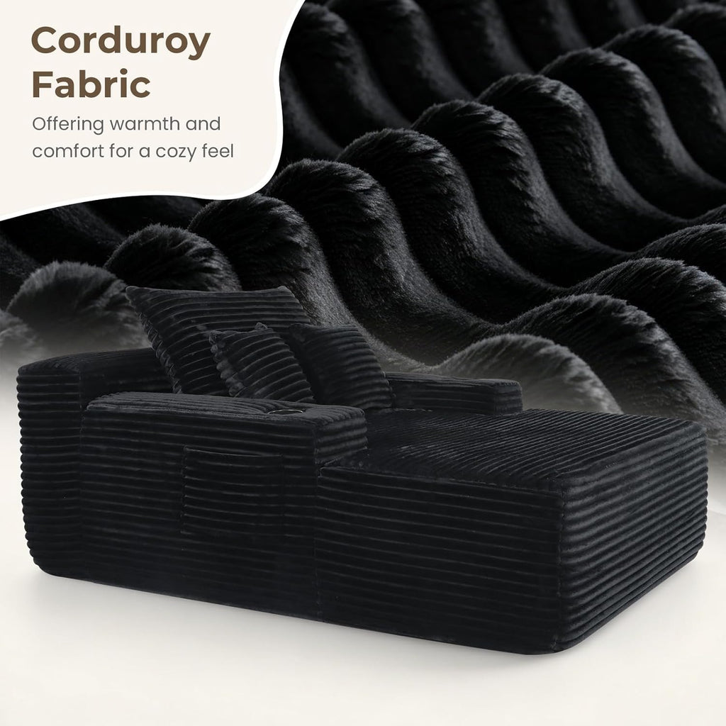 65" Oversized Boneless Chaise Lounge Chair Indoor, Corduroy Sleeper Bed with No Assembly , Reading Nook, Lounge, Black