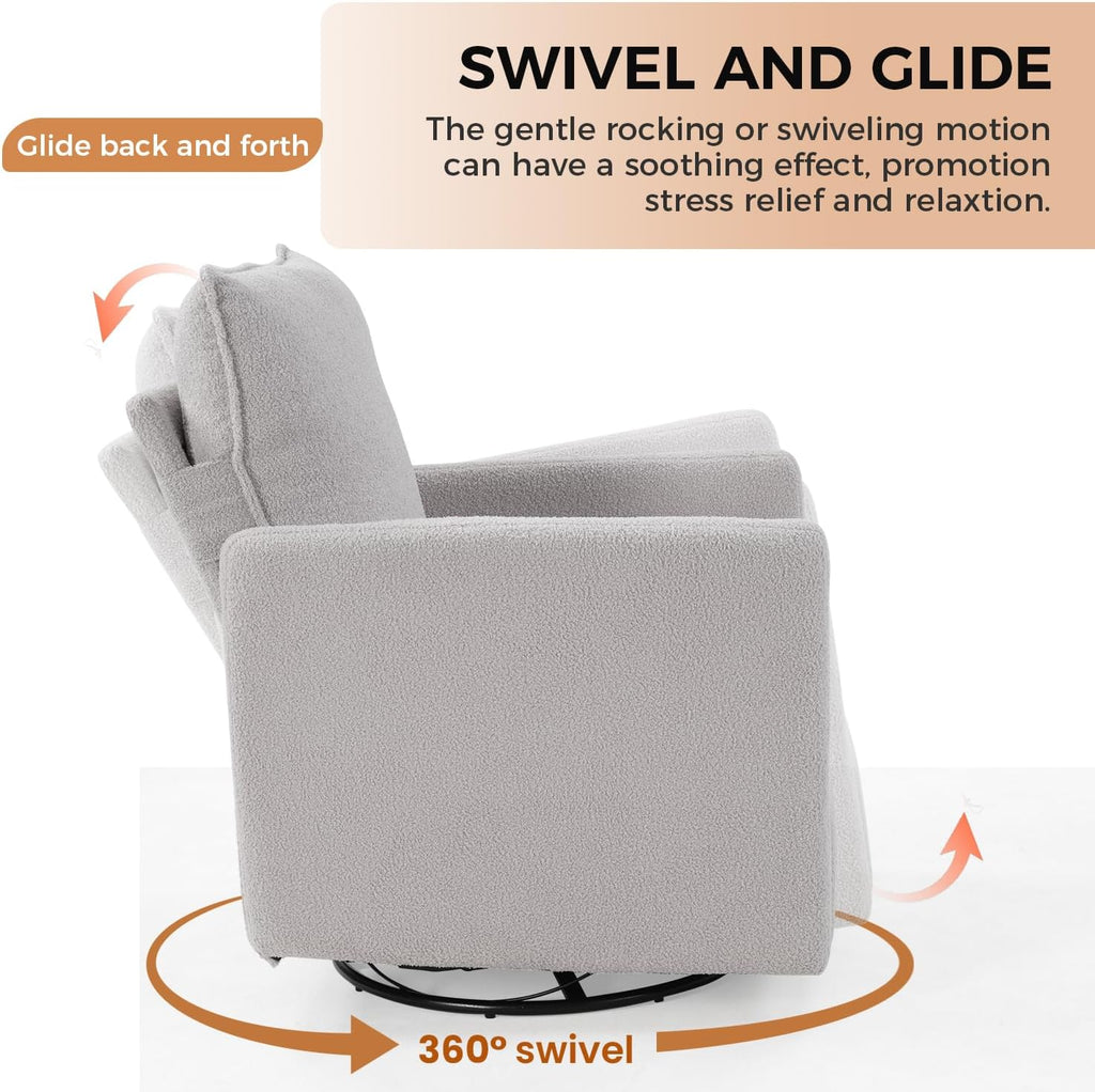 Swivel Rocker Recliner Chair, Teddy Upholstered Nursery Glider Chair, Manual Reclining Chair with Two Removable