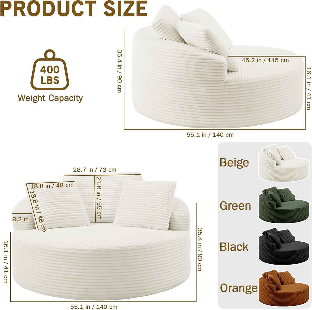 Oversized Round Chaise Lounge Chair,Corduroy Cloud Large Circle Sofa Chair, No Assembly Required, Modern Sleeper