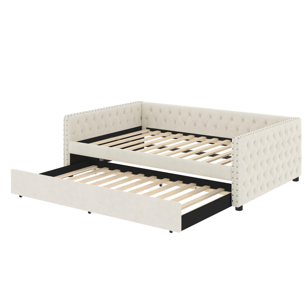 Full Size Upholstered Daybed, Tufted Sofa Bed Frame with Trundle, Corner Day Beds Full and Guest Room, No Box Spring