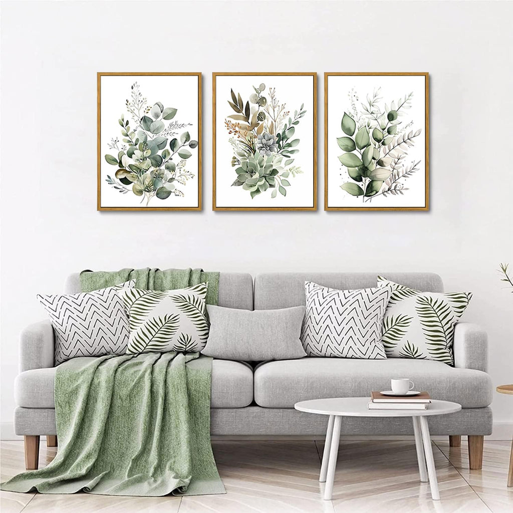 Botanical Wall Art Plant Floral Watercolor Poster Canvas Prints Set of 3 Framed Sage Green Painting Eucalyptus Leaf