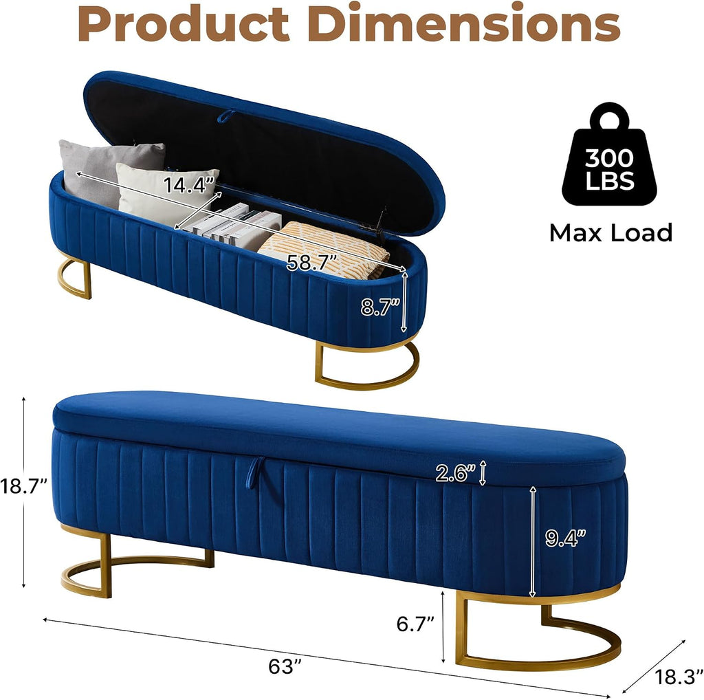 Storage Ottoman Bench, 63" Velvet End of Bed Bench Bedroom Bench King Size with Golden Metal Legs, Upholstered