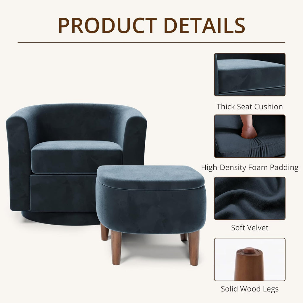 Swivel Accent Chair with Storage Ottoman Set of 2, Modern Velvet Barrel Chair, Upholstered Armchair with Footrest
