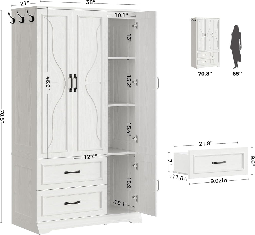 Armoire Wardrobe Closet with 4 Doors and Drawers, White | Wardrobe Cabinet with Storage Shelves and Side Hooks
