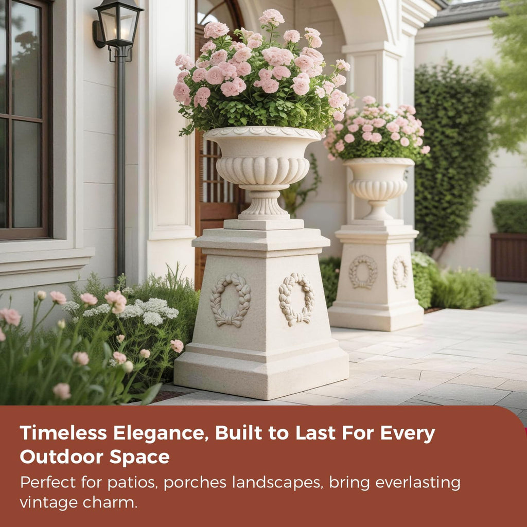 20" H Large Plastic Roman Urn Planter with 28" Tall Decorative Pedestal | Faux Sandstone/Marble Finish