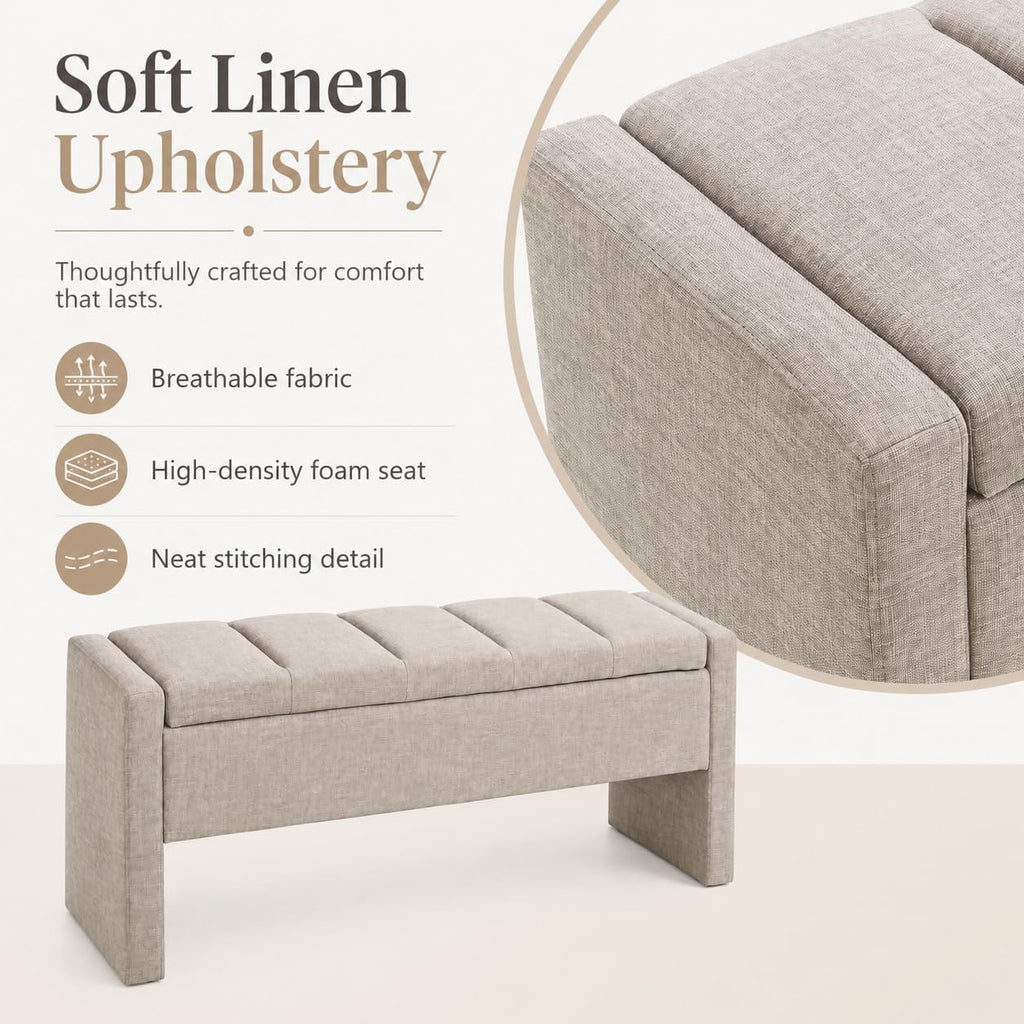 47.25 Inch Storage Ottoman Bench, Linen Upholstered, Light Taupe