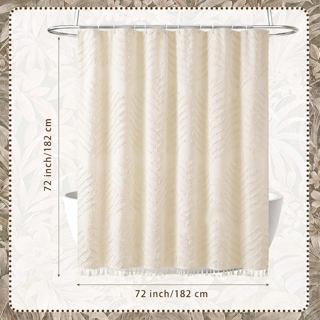 Cream White Boho Shower Curtain 72 x 72'' Neutral Textured Shower Curtain Woven Fabric Bathroom Curtains with Tassel