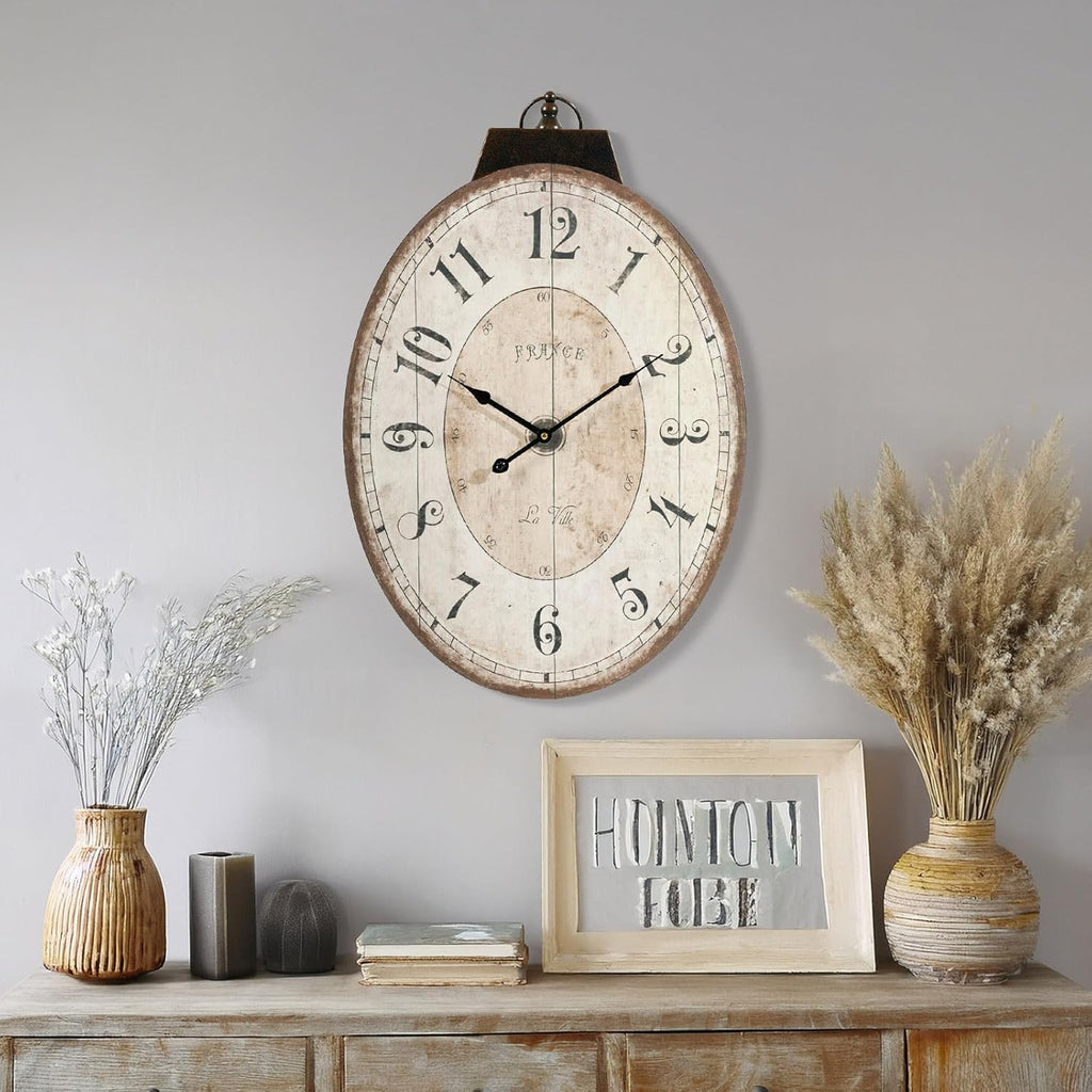 HOME Large French Country Oval Wall Clock for Living Room Decor, Rustic Farmhouse Wall Clock Decorative