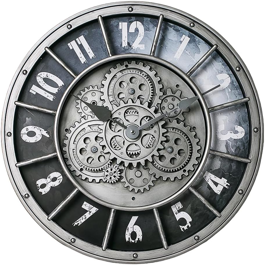 18 Inch Wall Clock with Moving Gears, Oversized Large Industrial Steampunk Decoration, Antique Metal Big Numeral Wall Clocks for Kitchen...