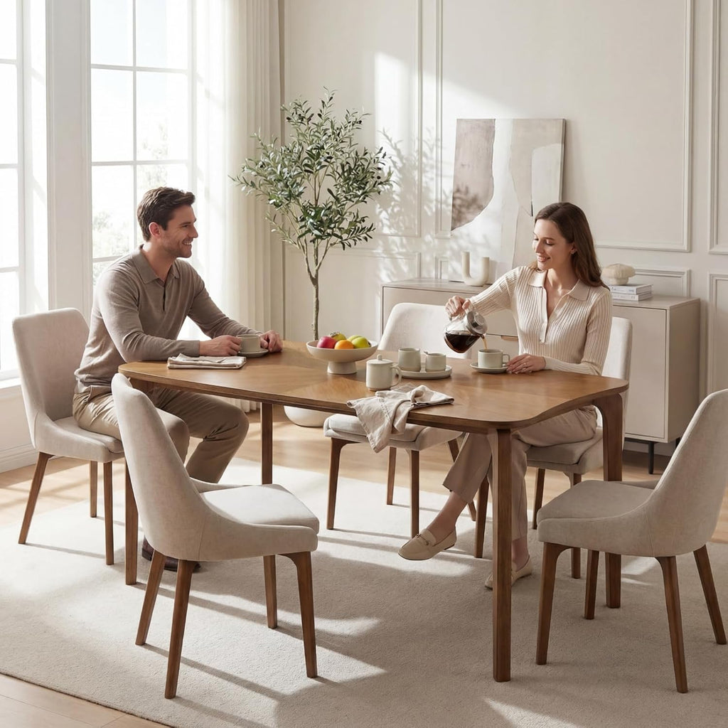 Mid-Century Modern Walnut Color Dining Table, 63" Rectangular Kitchen Table with Solid Wood Legs, Curved Edges