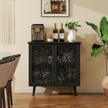 31.5" Small Black Accent Sideboard Buffet Cabinet with Storage, Vintage Storage Cabinet with Carved Wood Doors