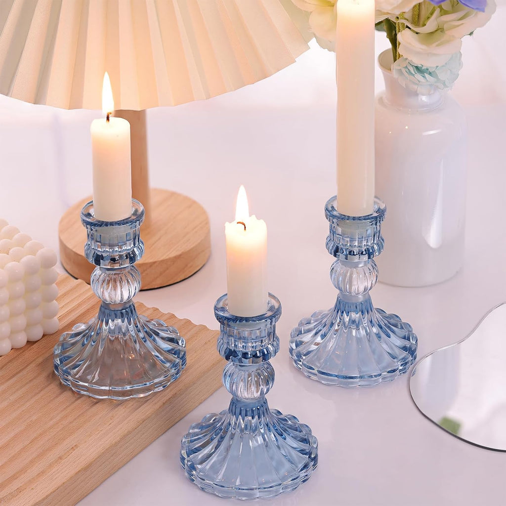 12PCS Blue Candlestick Holders Set- 4" H Taper Candle Holders, Glass Candle Holders Bulk for Wedding, Party, Home