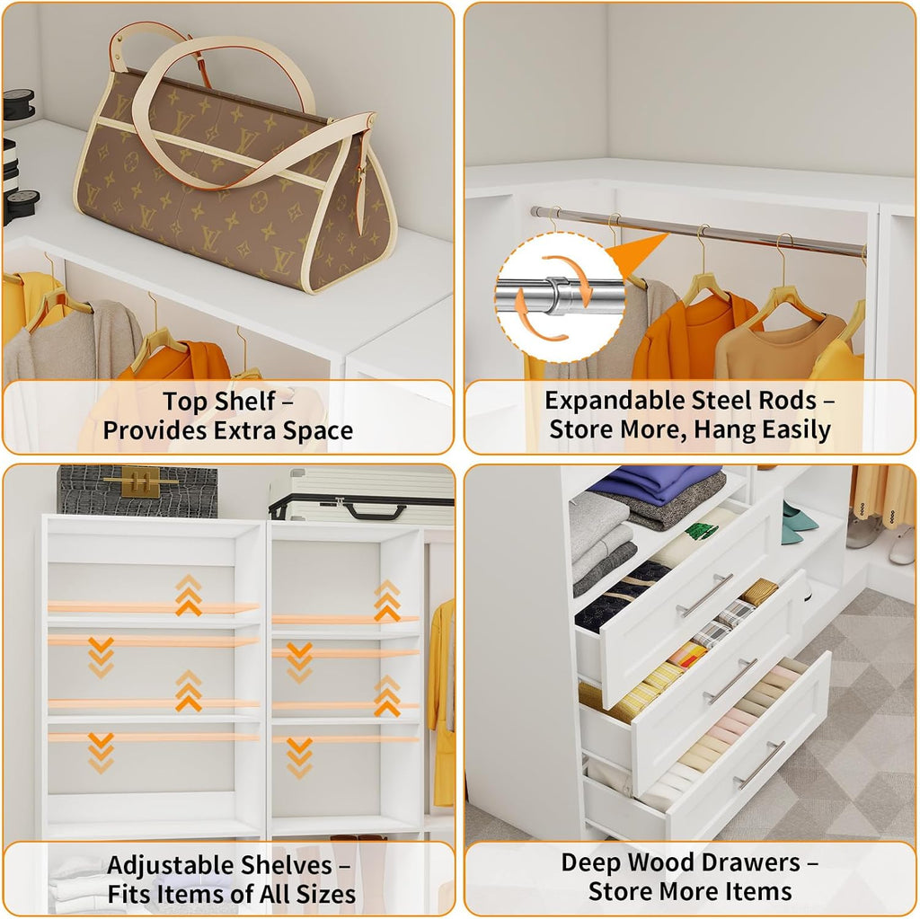 Closet System with 4 Sets, 8.5FT-21.5FT Corner Closet Organizer System with 9 Drawers & 12 Shelves & 8 Hanging Rods
