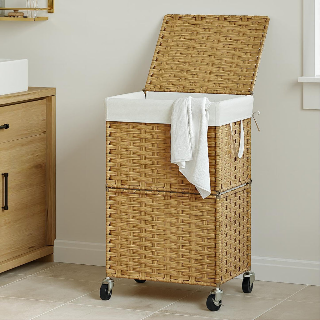 Wicker Laundry Basket with Wheels,Rolling Laundry Hamper with Lid | 90L Slim Clothes Hamper with Wheels & Removable