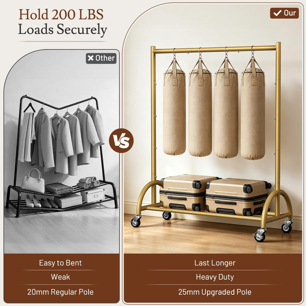 Heavy Duty Gold Clothing Rack for Hanging Clothes with Wheels