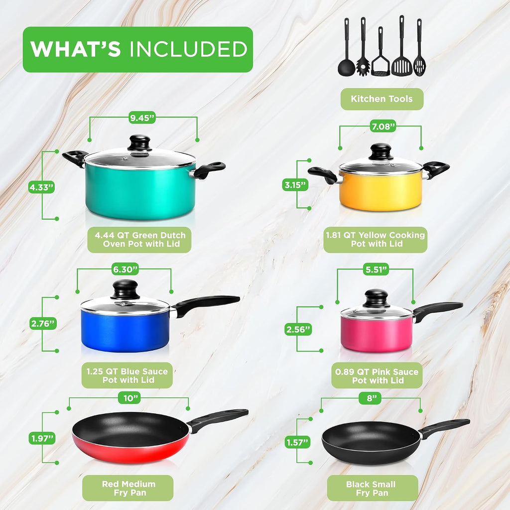 15-Piece Non Stick Kitchen Cookware Set PFOA/PFOS-Free, Colorful Heat Resistant Lacquer w/Saucepot, Frying Pans, Oven