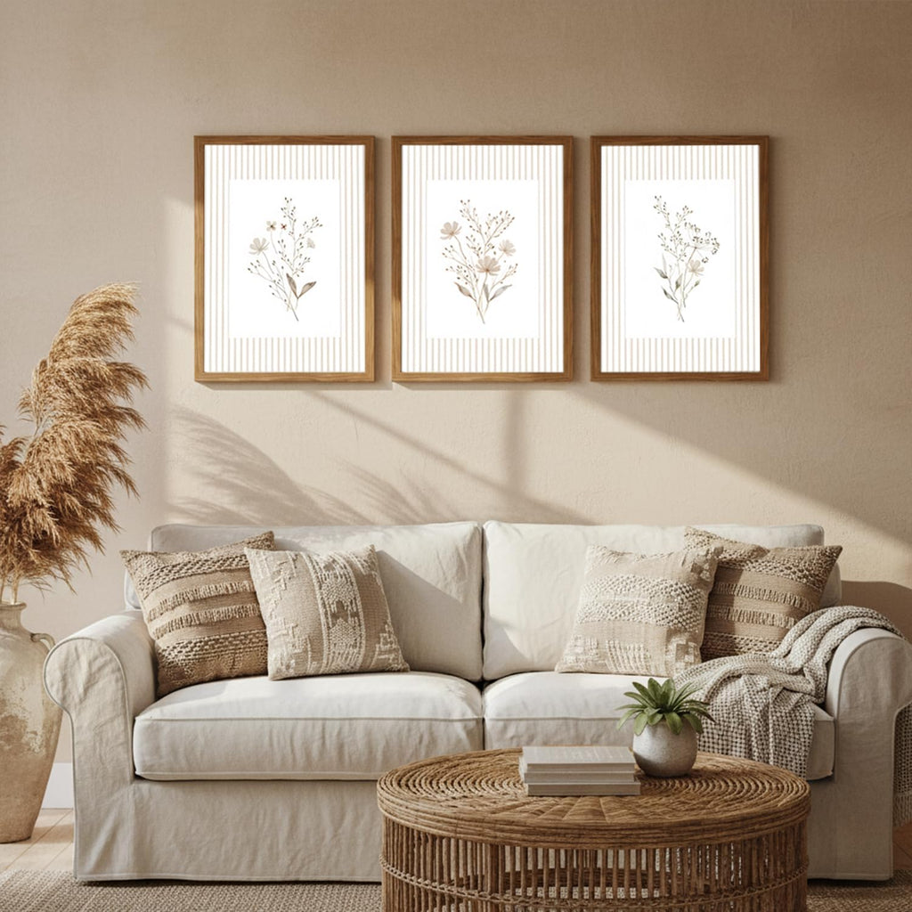 Neutral Wildflower Wall Art Set of 3, Vintage Flower Botanical Wall Decor Canvas Prints Pictures, Rustic Cottagecore