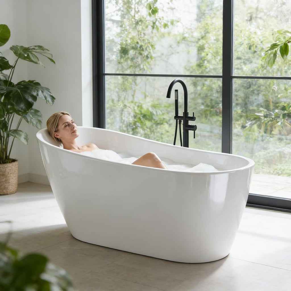 59" Freestanding Bathtub, Black Exterior White Interior Acrylic Stand Alone Soaking Tub, Modern Oval Bath with