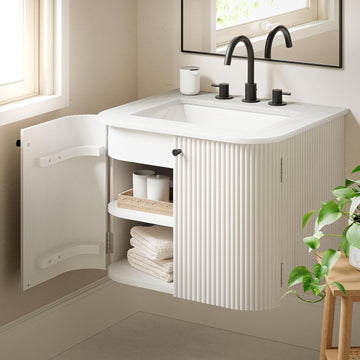 24-Inch Wall-Mount Bathroom Vanity with Marble Sink Basin, Fluted Design, Ivory Finish