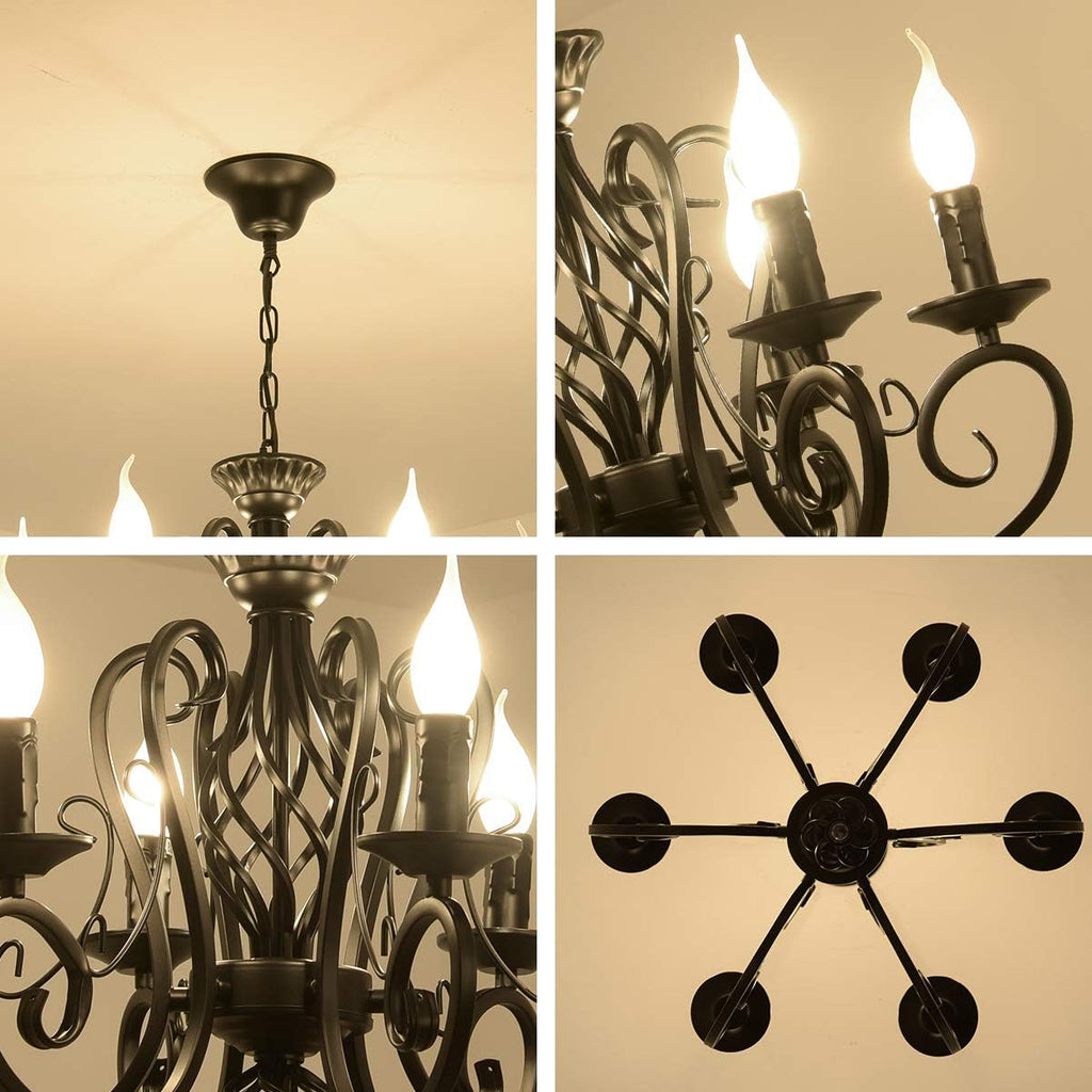 Black French Country Chandelier,6 Lights Farmhouse Candle Iron Chandeliers,Vintage Metal Pendant Light Fixture for Kitchen Island,Dining Room,Bedroom