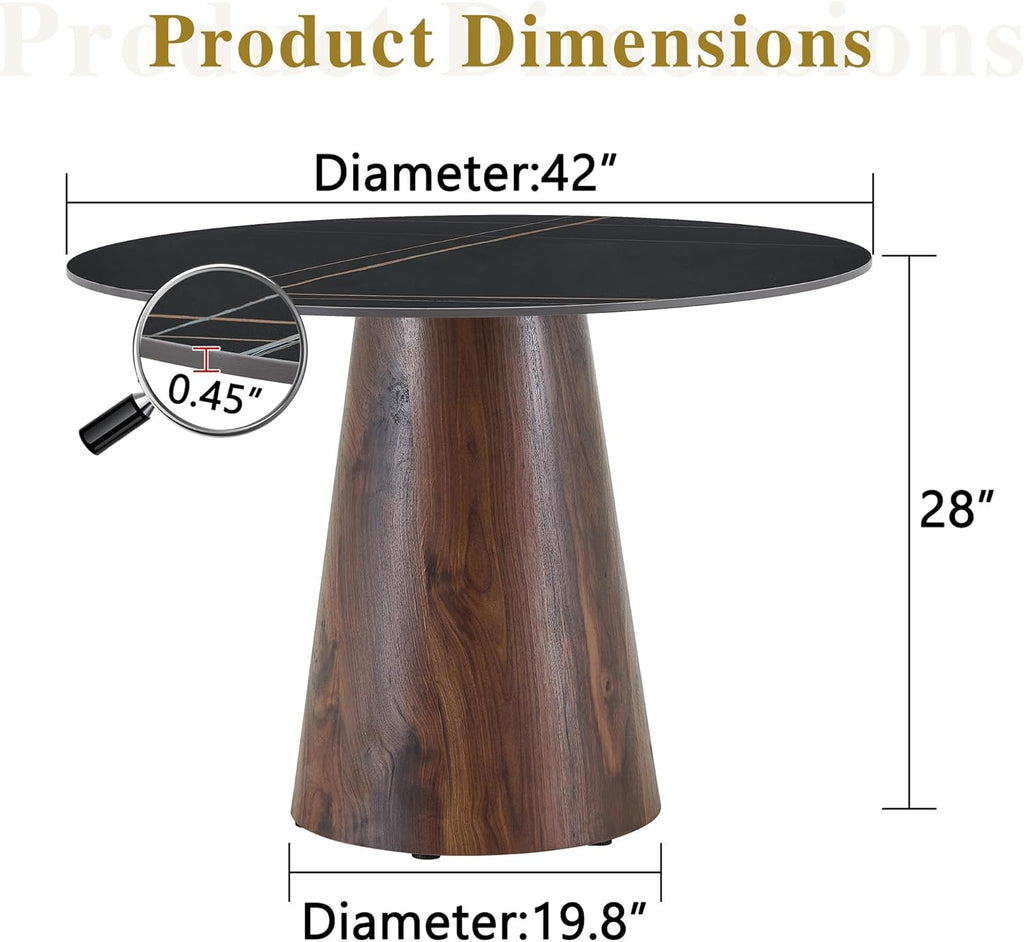 Faux Marble Round Dining Table for 4/5/6, 42" Modern Round Kitchen Table with Black Sintered Stone Top and Walnut