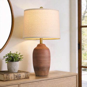24.5" Single Rustic Terracotta Brown Handcrafted Ceramic Table Lamp 5FT Cord, Farmhouse Vintage Lamp with Linen Drum