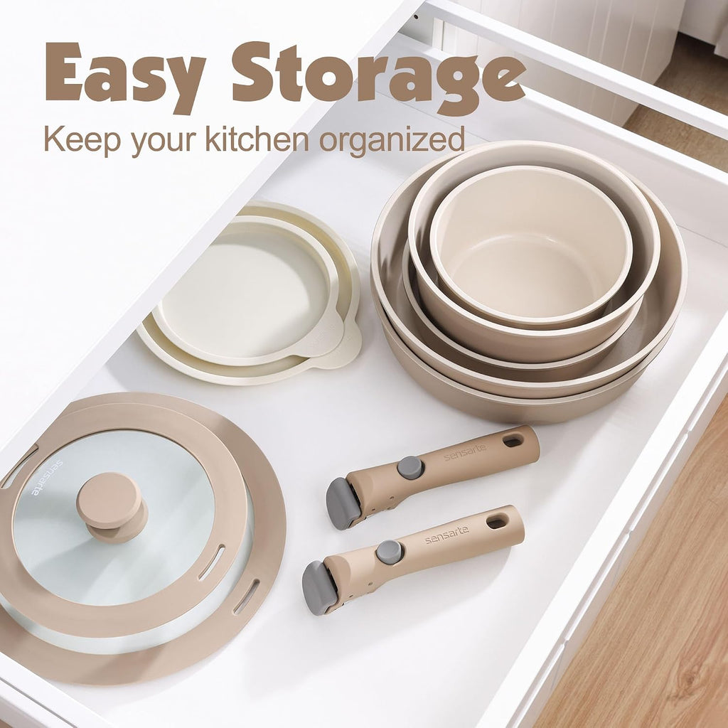 24 Piece Ceramic Detachable Handle Pots and Pans Set Almond Beige | Ceramic Cookware Set, Induction Cookware Set with