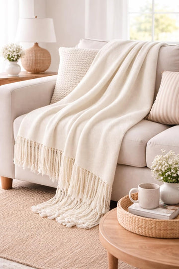Classic Woven Solid Lightweight Throw Blanket with Fringe Design 50" W x 60" L - 4 Colors (Ivory)