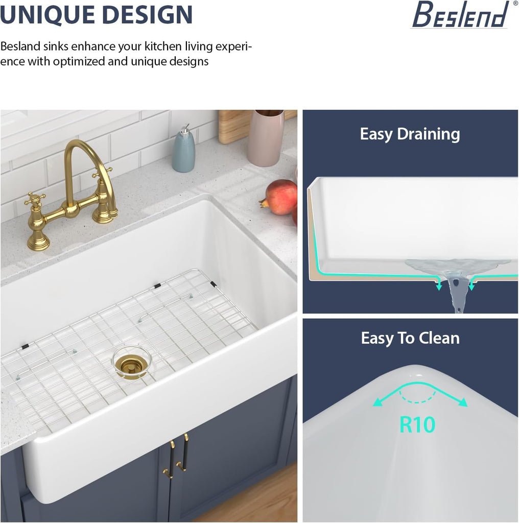 White Farmhouse Sink 33x20 Inch | 33x20x10 In White Farmhouse Sink Fireclay Farm Style Apron Front Kitchen Sink Large