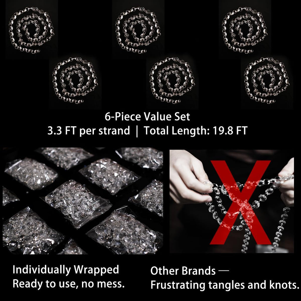 6 Strands 19.7 Ft Crystal Glass Bead Garland, Clear Octagon Beads