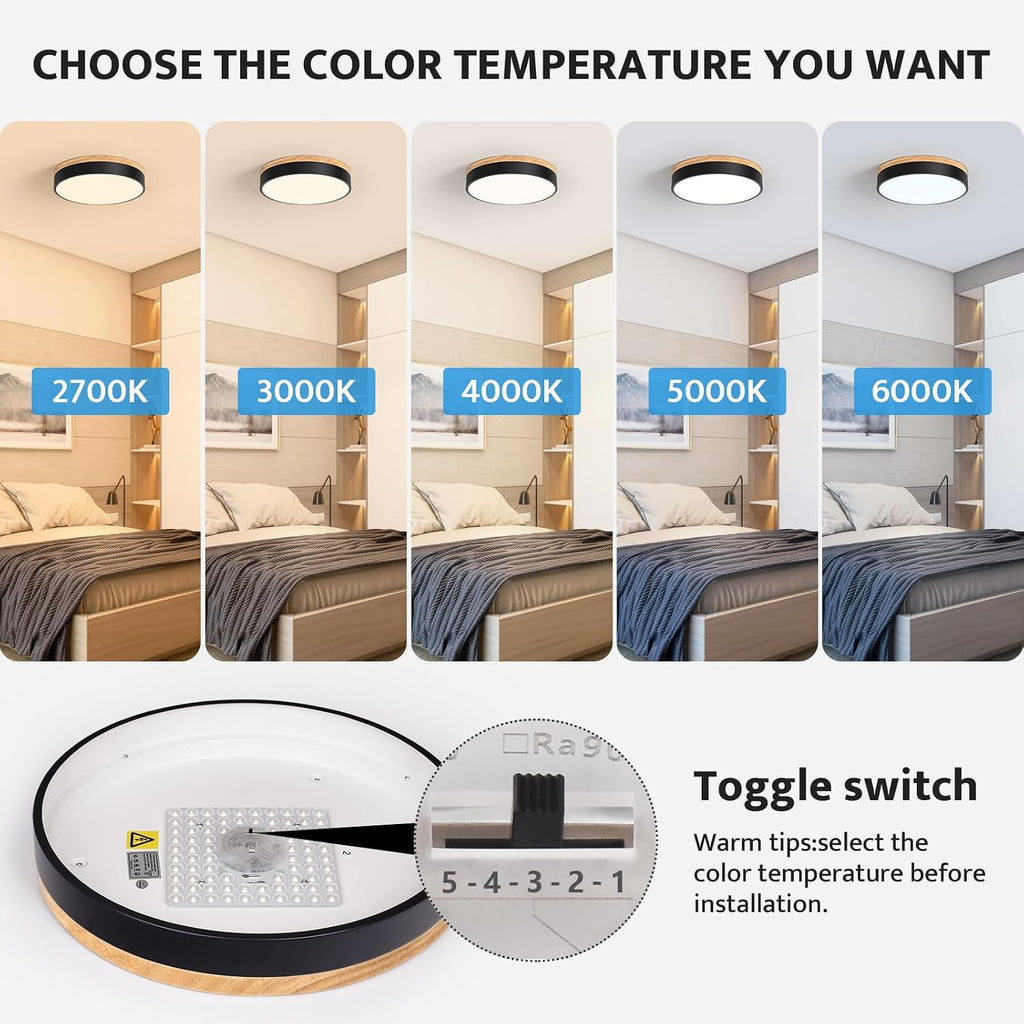 Dimmable Wood Flush Mount Ceiling Light Modern Black LED Ceiling Light Fixture 2700K-6000K Minimalist Round Close to
