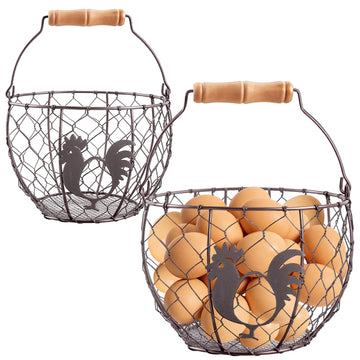 Egg Basket for Gathering Fresh Chicken Eggs, 2 Pack, Metal Wire Basket with Wooden Handle, Collecting and Storage