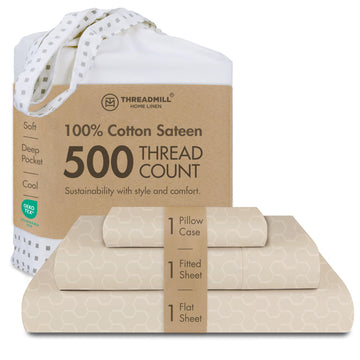 Cotton Twin XL Sheet Set - Light Beige Floria, 3-Piece Bed Linen Set with 15" Deep Pocket, Damask Jacquard