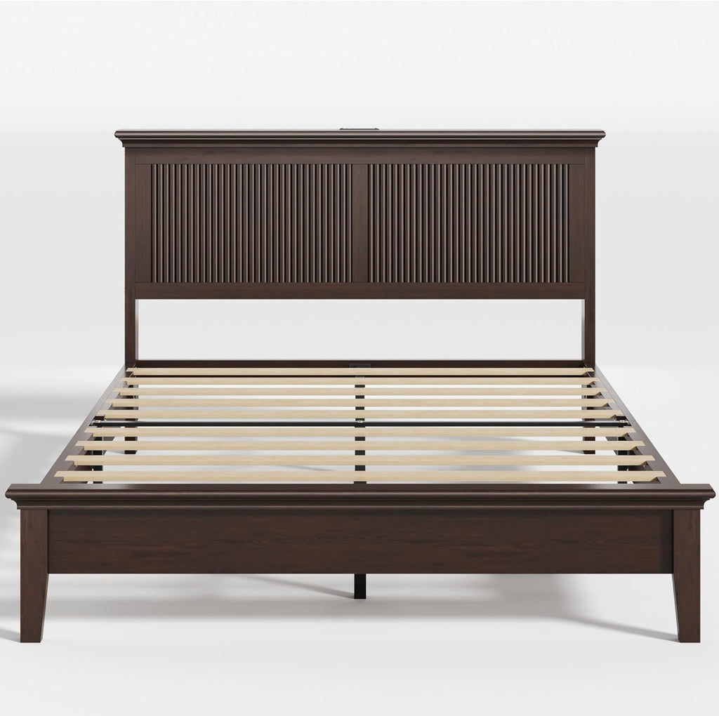 Wood Queen Bed, Solid Wood Bed With Tall Headboard, American Vintage Design, Queen Bed With Charging Station & RGB