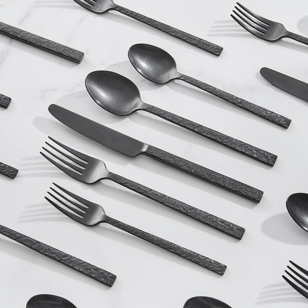 40 Pieces Black Hammered Silverware Set for 8, 18/10 Stainless Steel Heavy Duty Flatware Set
