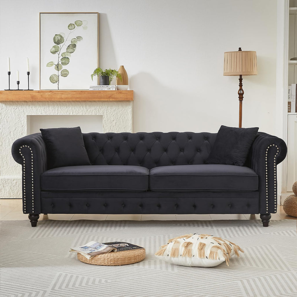 2 Piece Living Room Sofa Set, Velvet Button Tufted Couch and Loveseat Set with Nailhead Trim&Roll Armrests, Mid Century