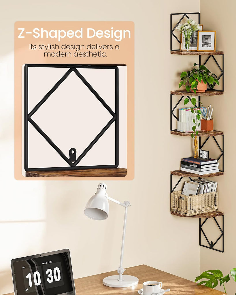 5-Tier Corner Shelf, Floating Shelf, Wall-Mounted Storage Shelf, Wall Decor, Narrow Corner Bookshelf, and Bathroom