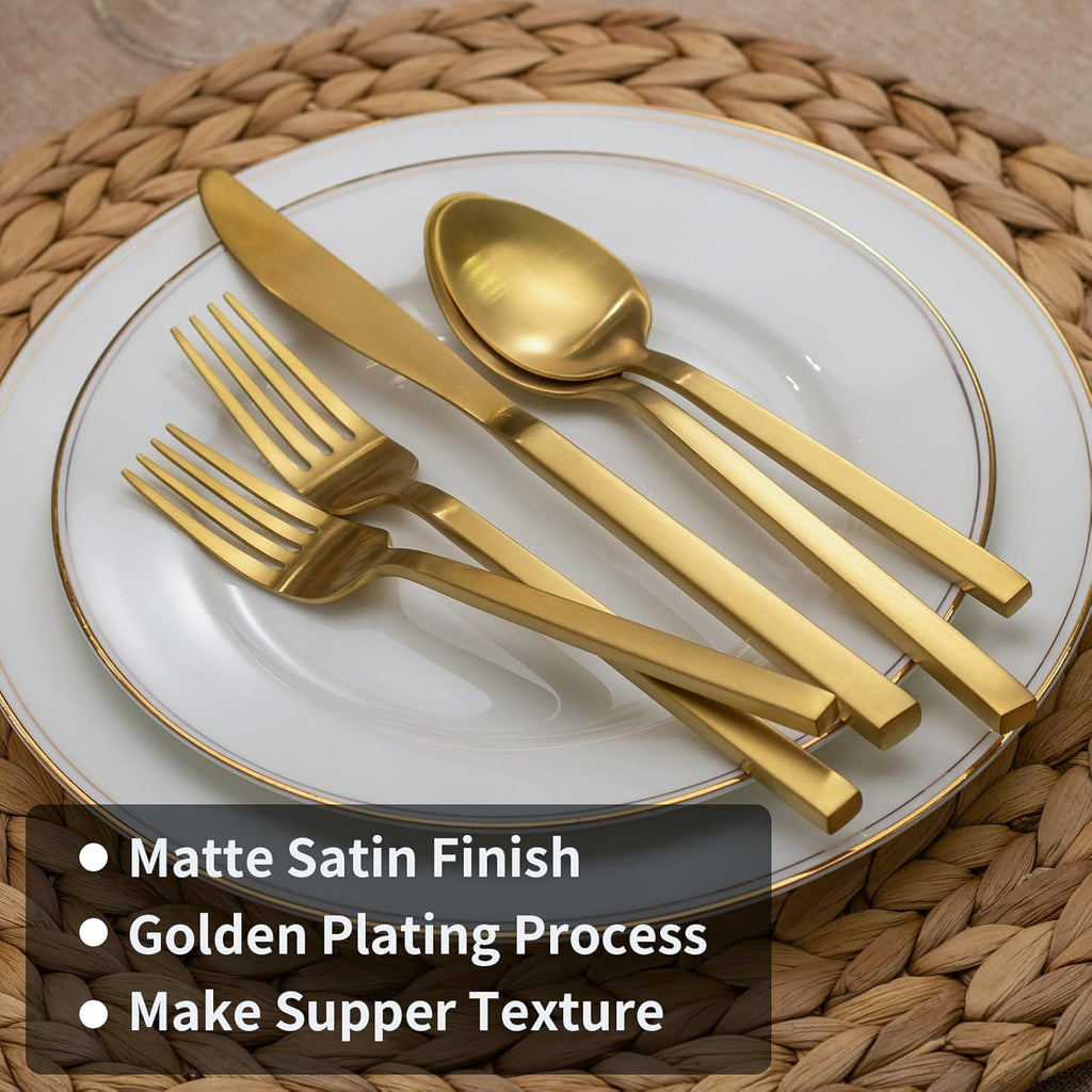 Cube Gold 20-Piece Flatware Set, Forged Cutlery Set, Matte Gold Silverware Service for 4