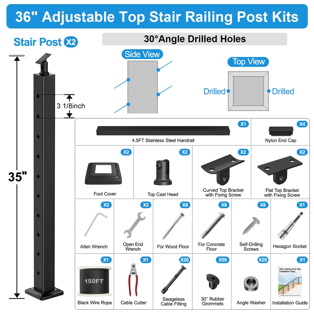RalinGo 4FT-8FT Swageless Cable Railing Post Kit with Handrail for Stairs, 36" T304 Stainless Steel Deck Cable