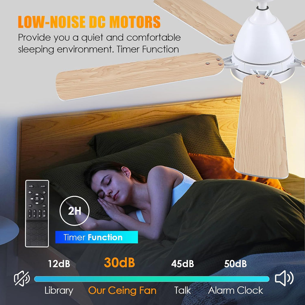 Ceiling Fans with Lights, 52inch Low Profile Ceiling Fan with Light and Remote Control,Reversible, 3CCT, Dimmable, Quiet, White Ceiling Fan for Bedroom Indoor/Outdoor Use