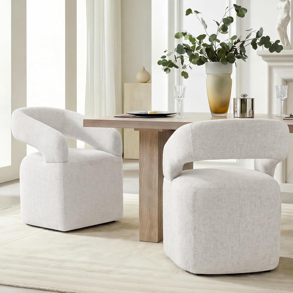 Upholstered Dining Chairs Set of 4, Modern Arm Kitchen & Dining Room Chairs with Hidden Casters, Linen Fabric Padded