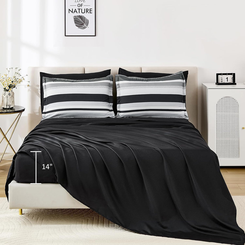 Queen Comforter Set, 7 Pieces Bed in a Bag Orange Queen Bed Set, Soft Boho Striped Bedding Sets with Sheets