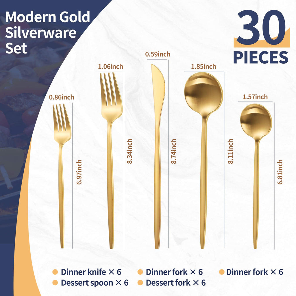 Matte Gold Silverware Set, 30 Piece Stainless Steel Modern Flatware Set, Brushed Cutlery Set Service for 6, Satin Finish