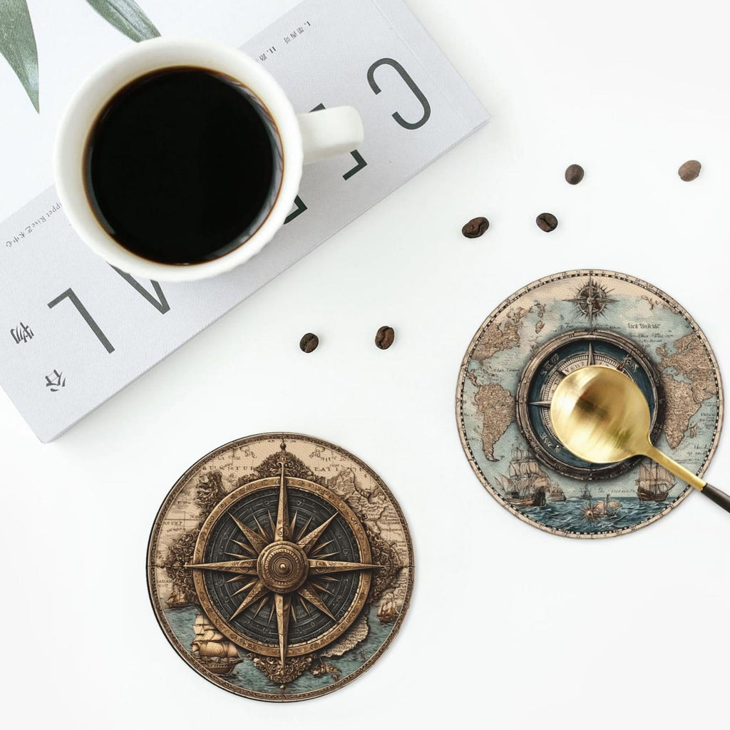 Nautical Compass Coasters for Drinks with Holder Round Leather Coasters Set of 6 Cups Mugs Mat Pad Kitchen Bar